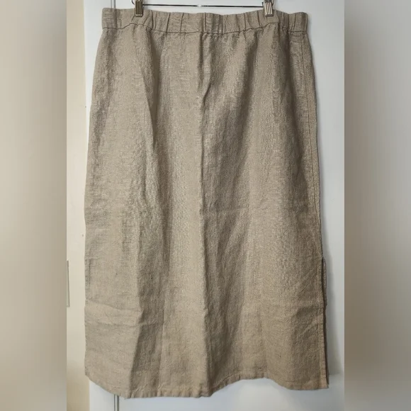 EILEEN FISHER Organic-Linen Midi Skirt Elastic Waist Drawstrings Khaki Size L - Picture 3 of 12